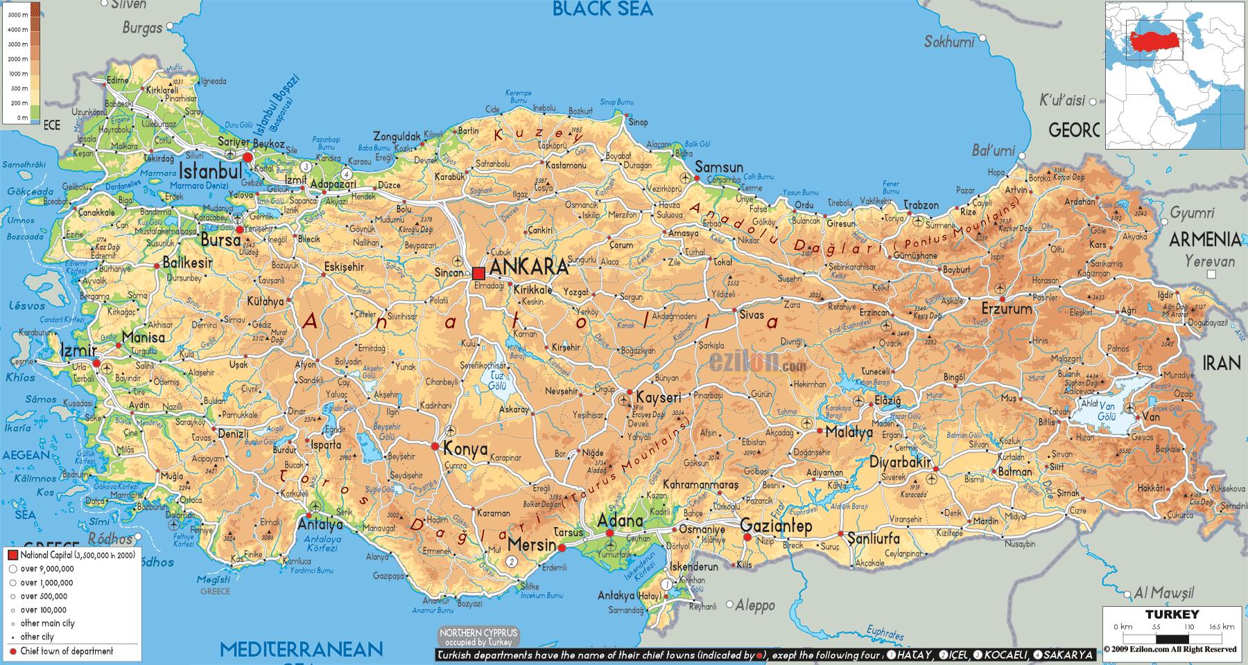 Geographical map of Turkey: topography and physical features of Turkey